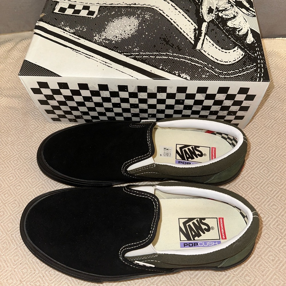 Vans Black and Green Slip-On Sneakers